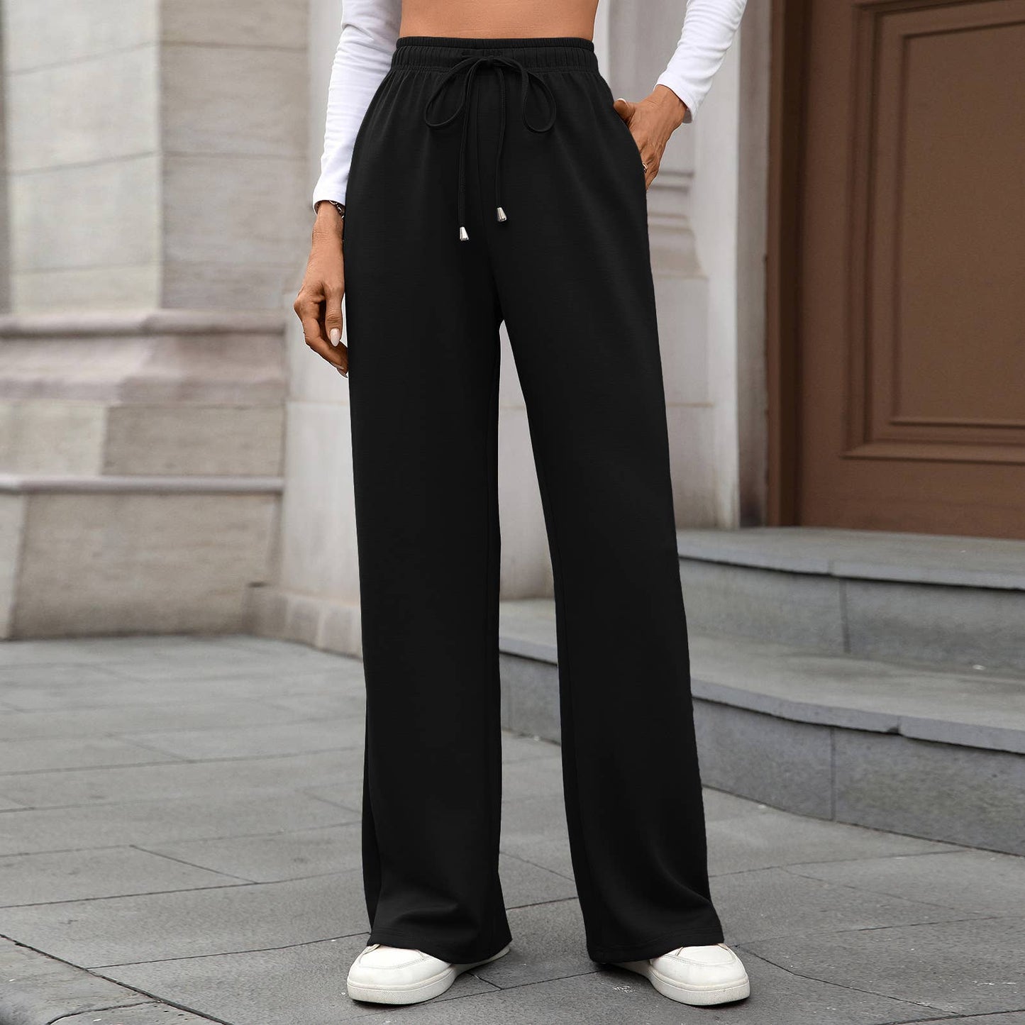 Solid color stretch waist loose straight pants