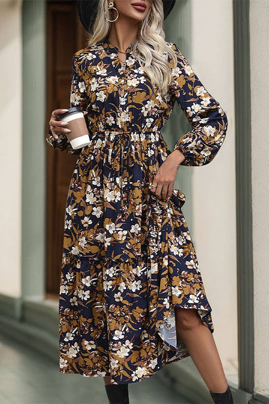 CWDMD3569_VINTAGE PRINT LONG SLEEVE V NECK DRESS