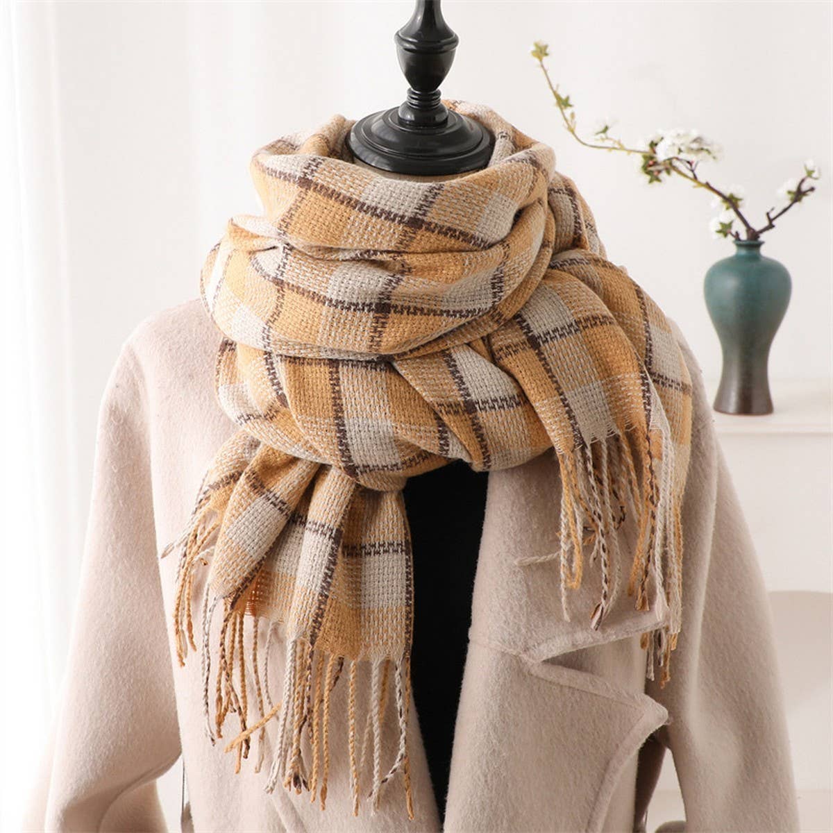 Plaid Faux Cashmere Scarf ??Cozy Long Fringe Wrap_CWASC1442