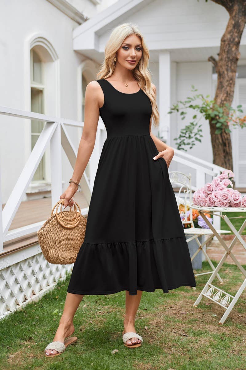 Square neck pleated large swing sleeveless dress