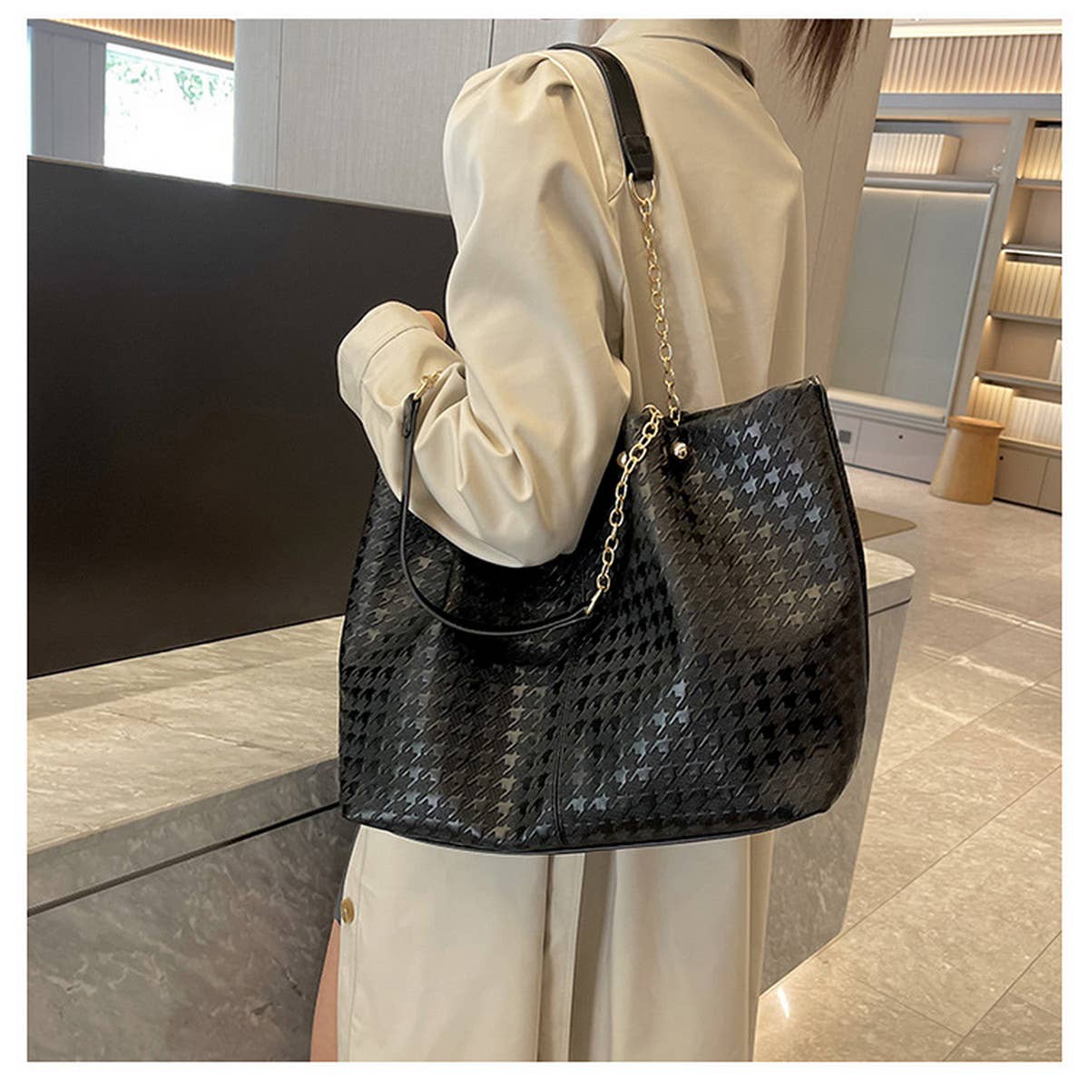 WOMEN SOLID COLOR PLAID TOTE BAG_CWAB1594
