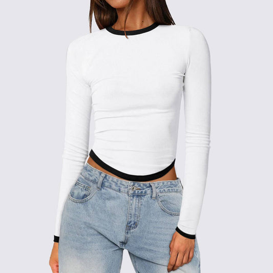 LONG SLEEVE ROUND NECK SLIM-FIT COLOR SHORT TOP