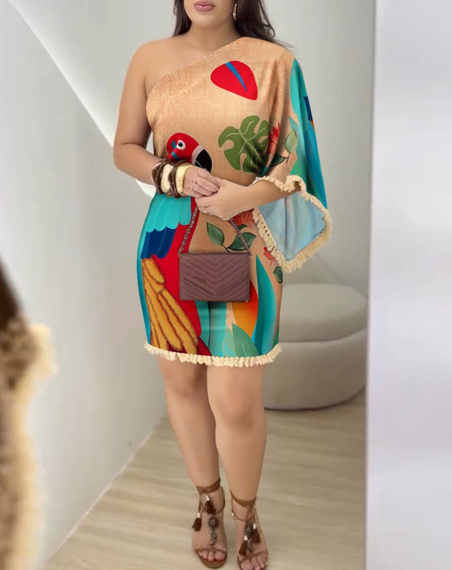 Fashion off-the-shoulder printed fringed dress