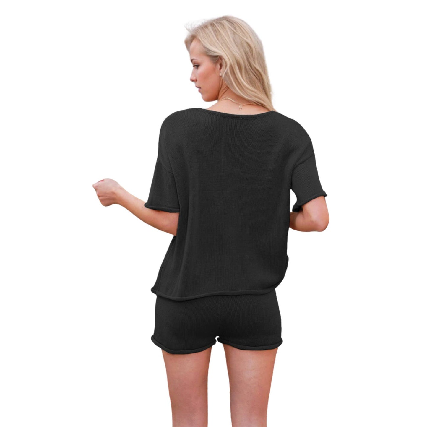 Loose crew neck short sleeve shorts knit suit