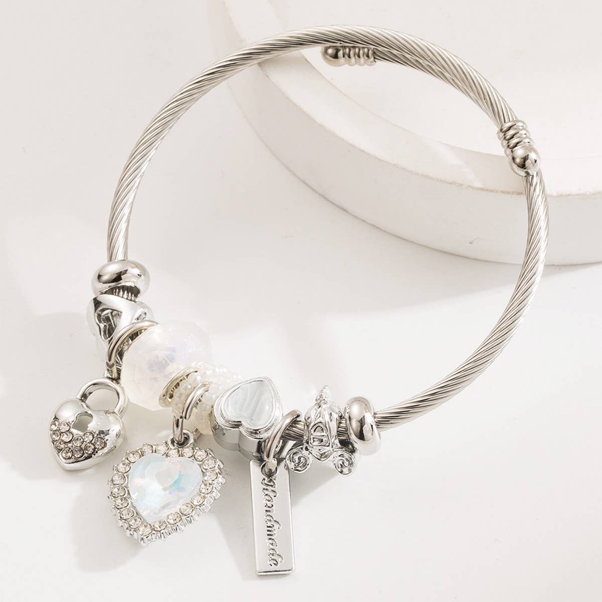 Stainless Steel Beaded Bracelet with Heart Charm_CWMM8508