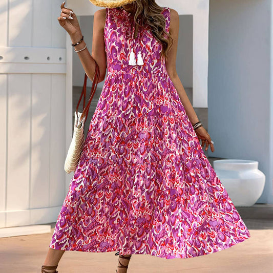 Ethnic print sleeveless V-neck long loose dress