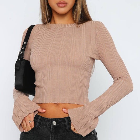 STYLISH CREW NECK LONG SLEEVE SHORT SWEATER