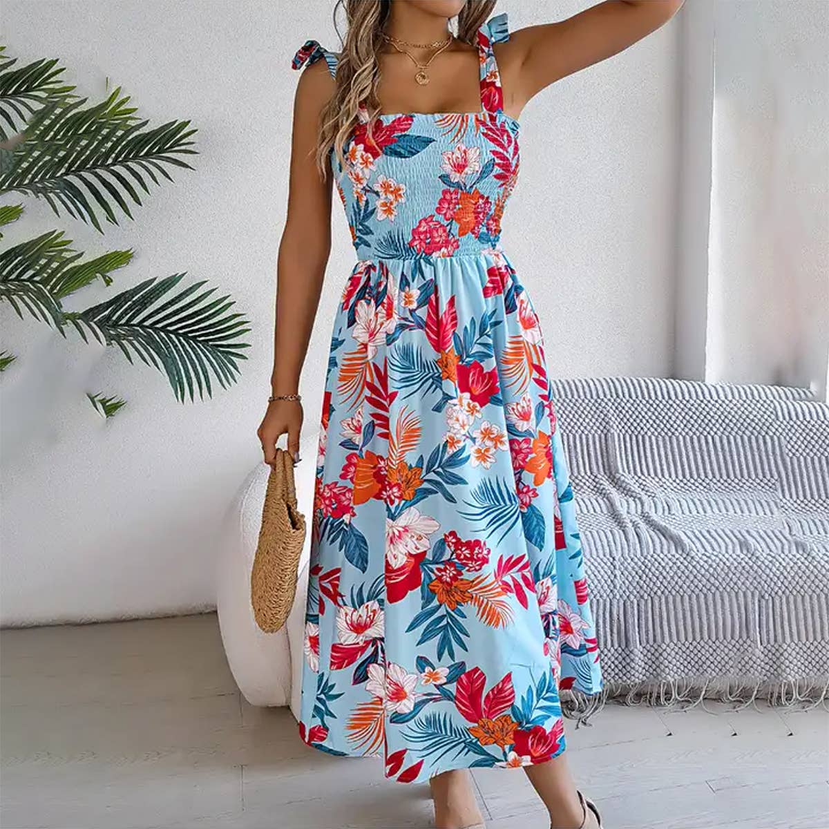 Printed lace-up halter dress Holiday beach dress