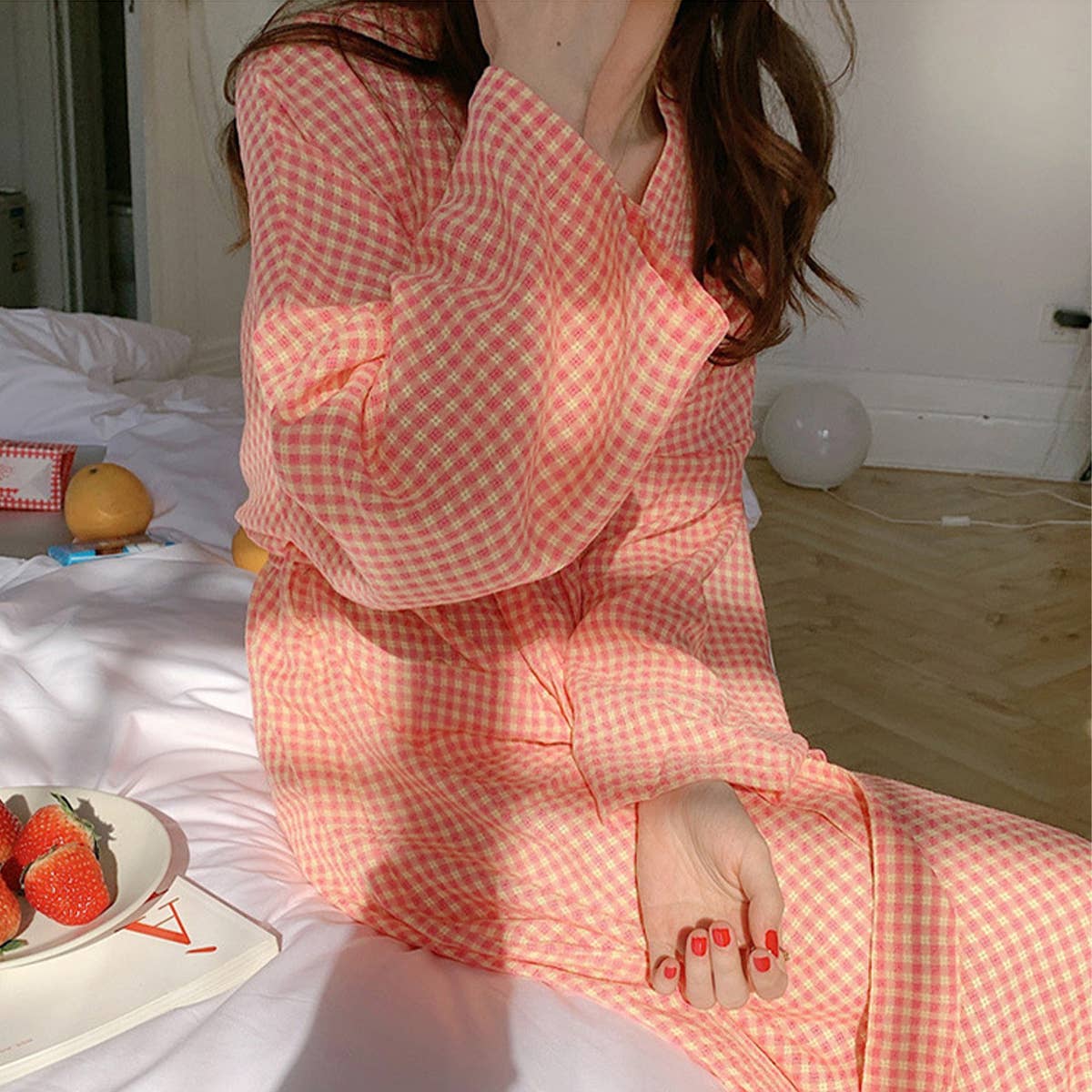 Long front-opening laced home gown gown