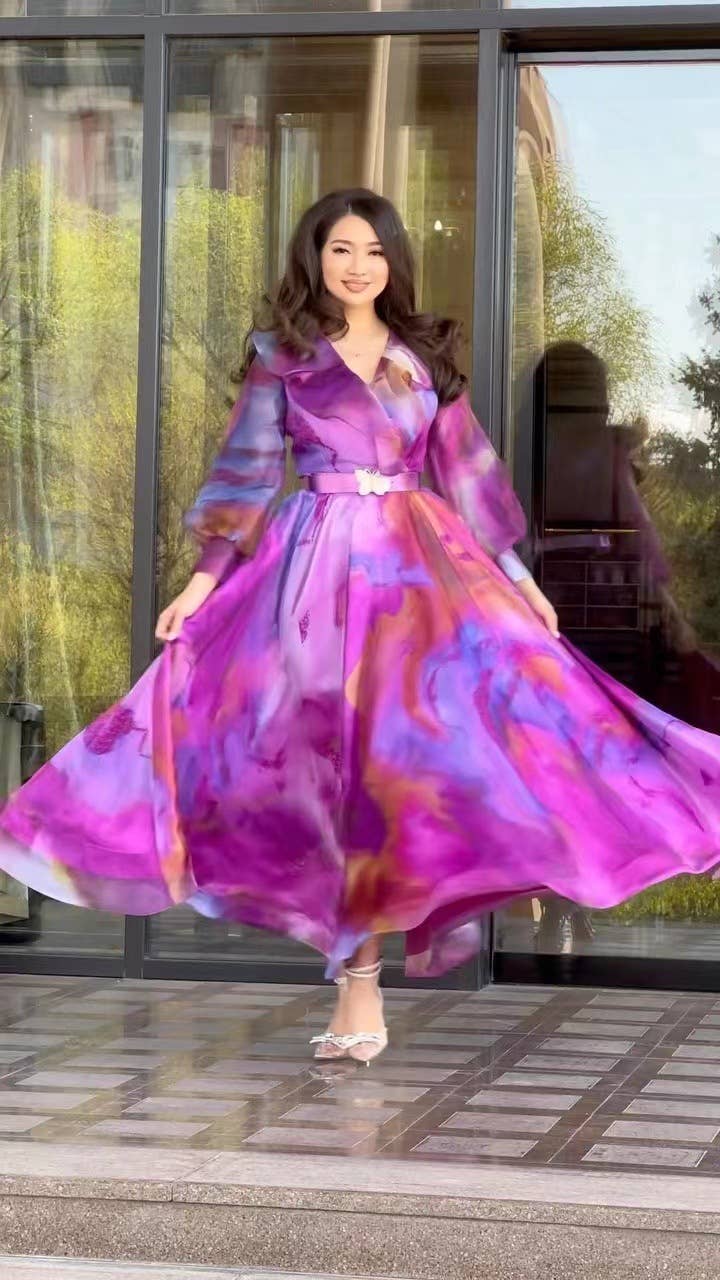 PRINT DRESS WITH BELT SWING MESH