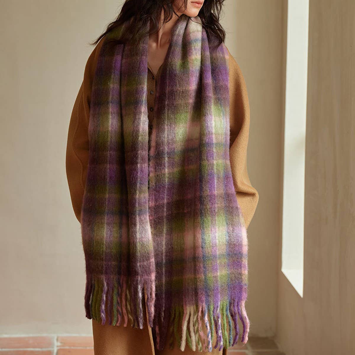 Purple Pink Wool Blend Plaid Scarf - Winter Warmth_CWASC2334