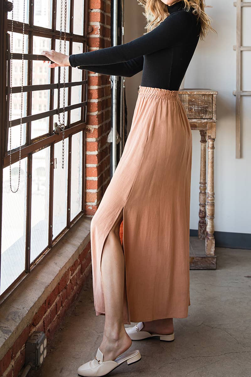 Solid color high waist drop long slit skirt