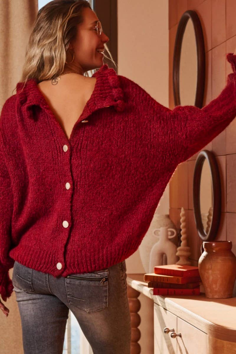 CWOSWL07058_HIGH-NECK RED LOOSE CARDIGAN KNITTED TOP