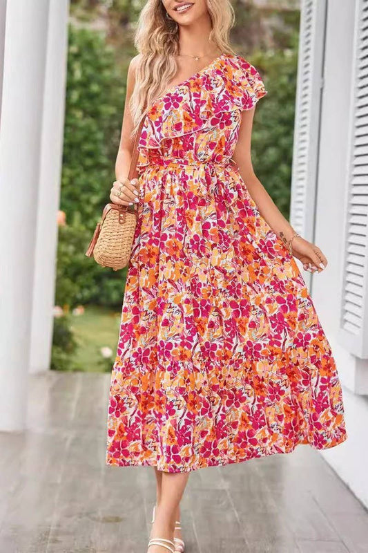 CWDMD4123_ONE-SHOULDER PRINTED TIE-NECK RUFFLE DRESS