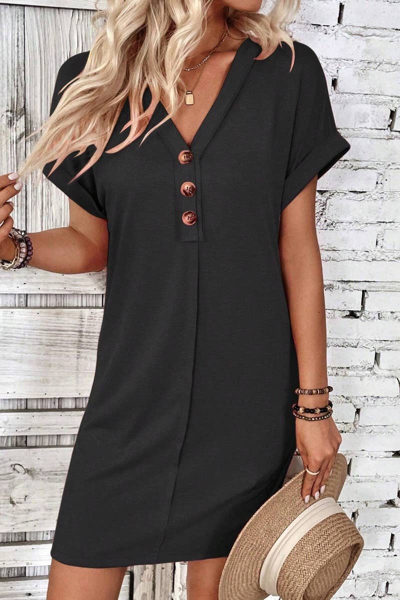 CWDSD4862_SUMMER V-NECK BUTTON-UP SHORT-SLEEVED DRESS SHORT