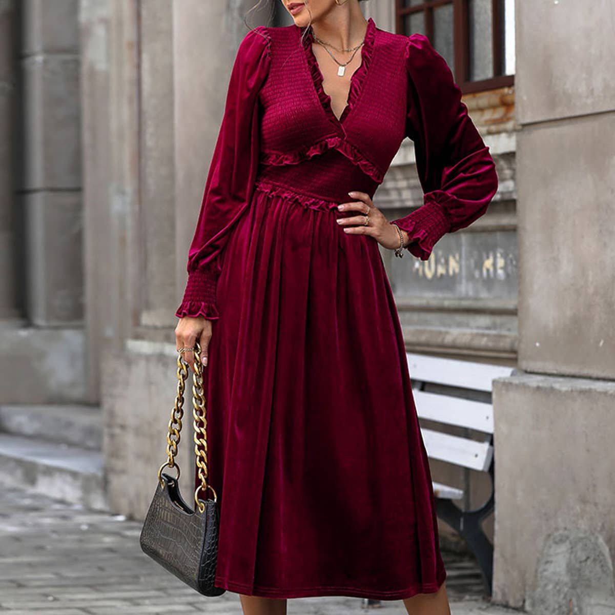 ELEGANT SPLICING WOODEN EAR EDGE VELVET DRESS
