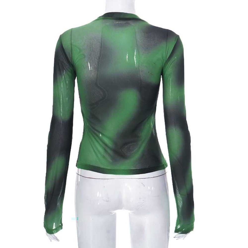 Gradient Tie-Dye Mesh Print Long-Sleeved T-Shirt