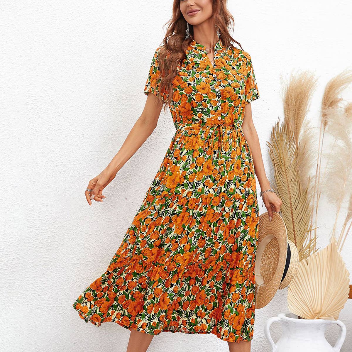 STYLISH PRINT WAISTLINE LONG DRESS