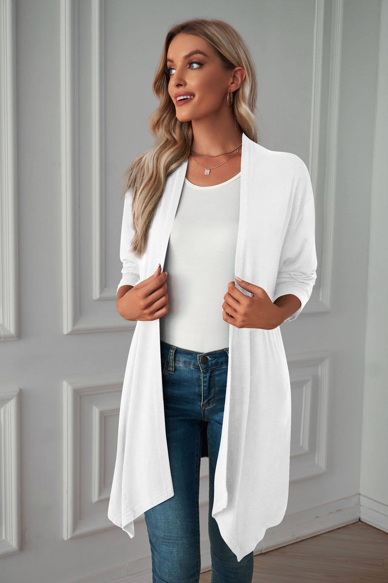 Solid color long unbuttoned cardigan