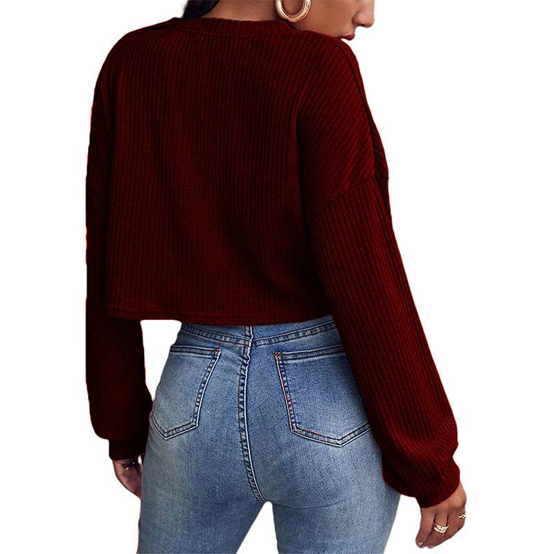 SOLID COLOR V-NECK CROP LONG SLEEVE SWEATER