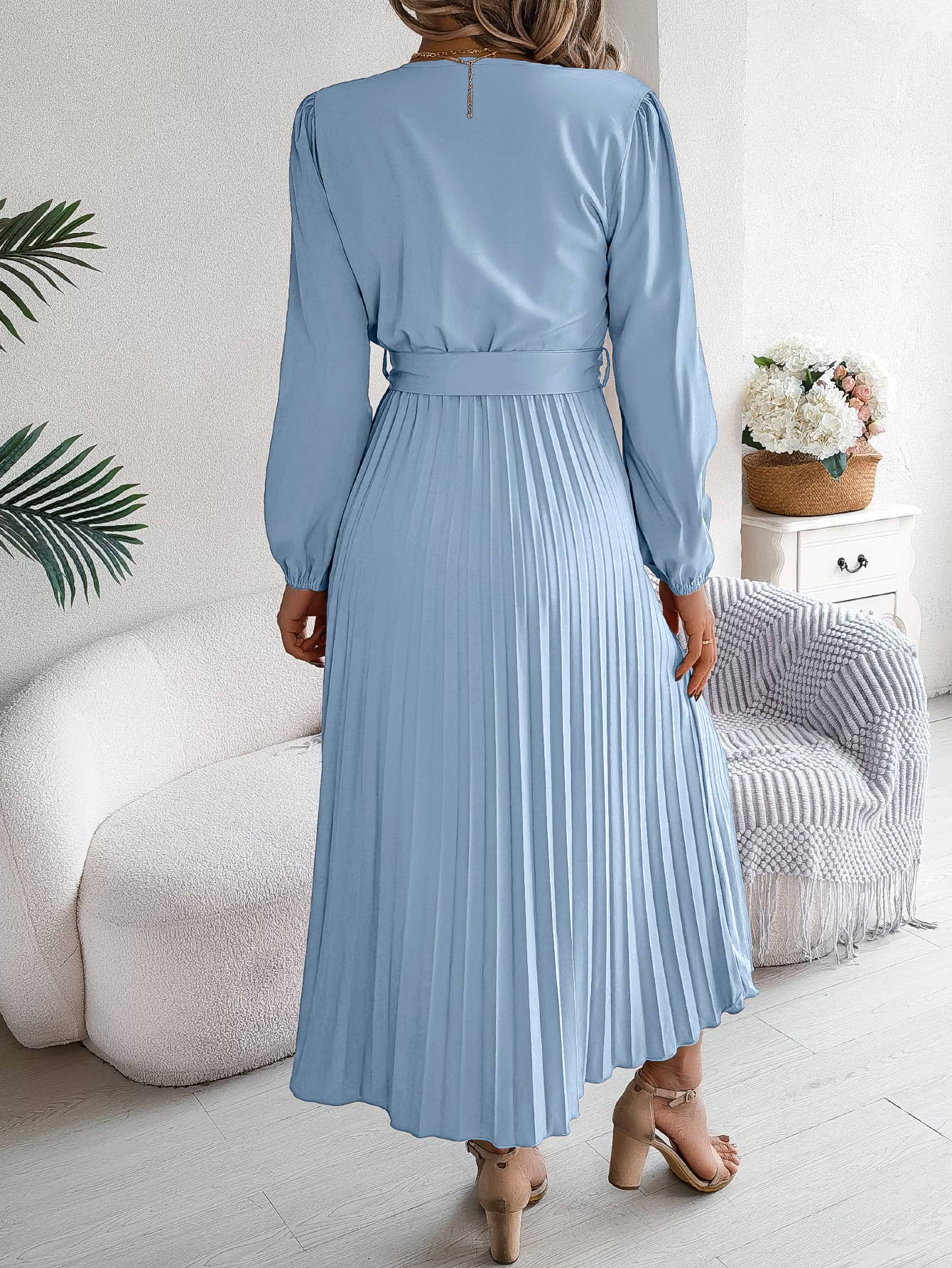 V-NECK BUTTON-UP LONG PLEATED DRESS