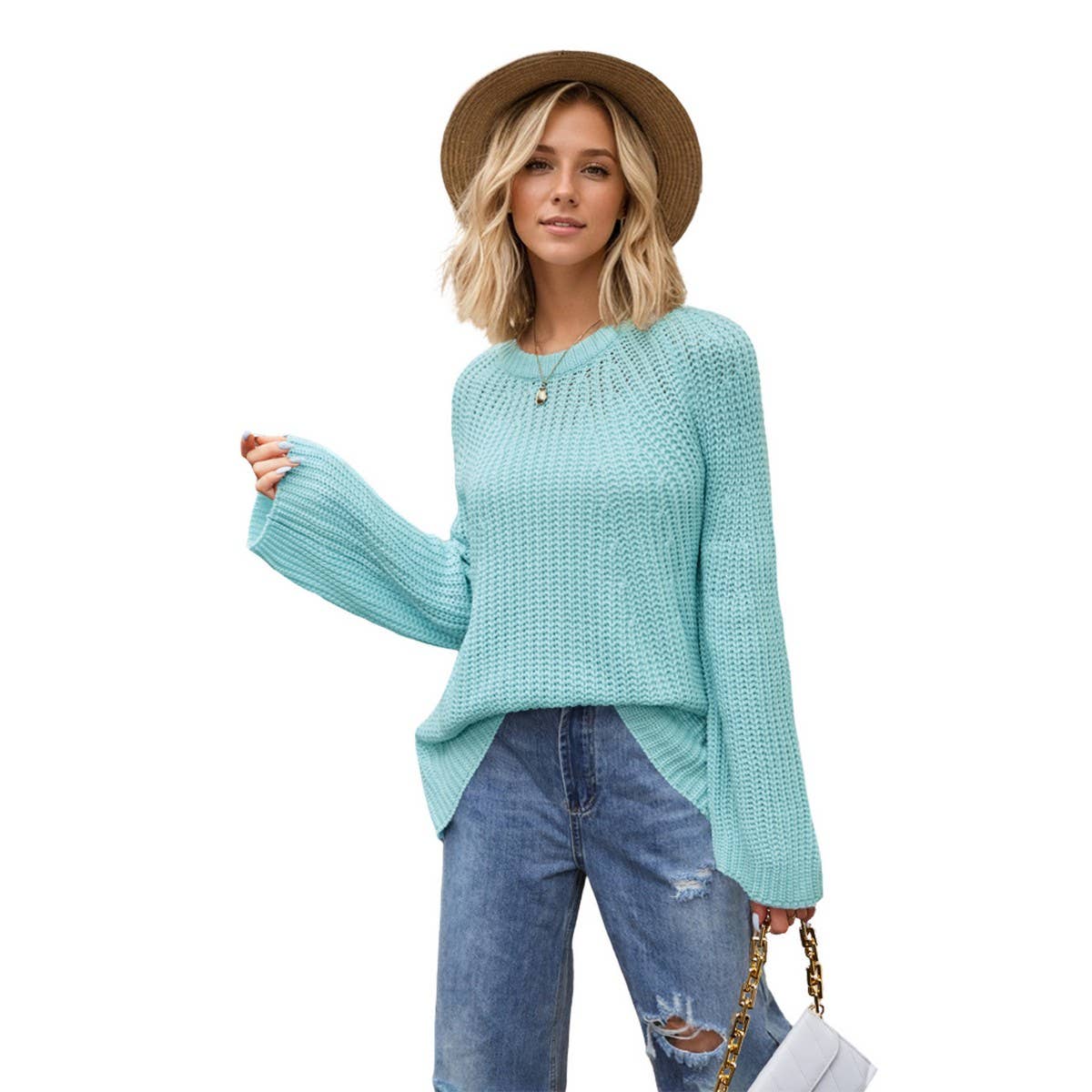 Flared cuff jumper loose knit hollow-out sweater
