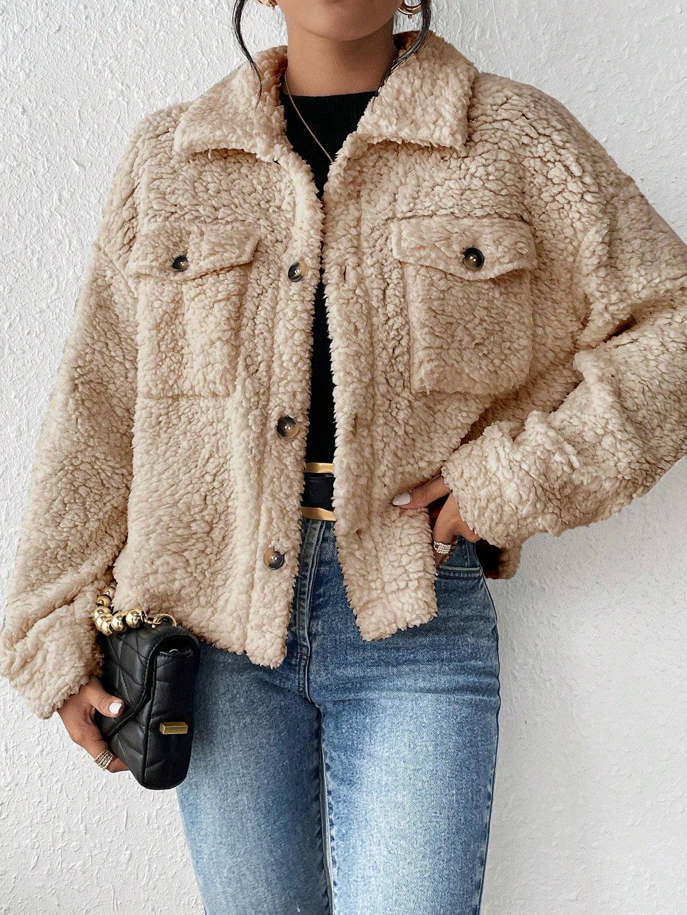 Short single-breasted lapel plush jacket