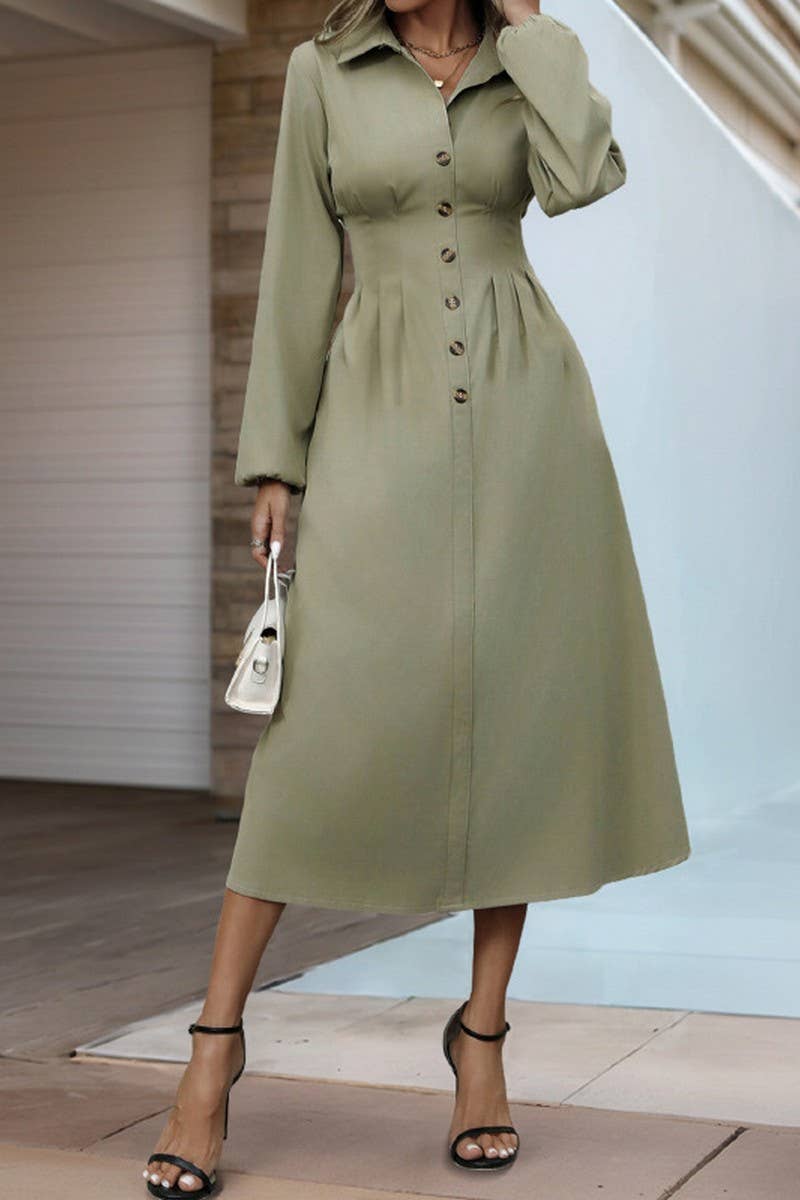 CWDMD4803_AUTUMN COMMUTER LAPEL WAIST BUTTON SHIRT DRESS