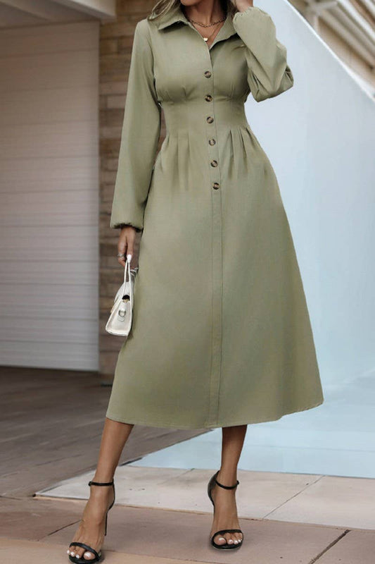 CWDMD4803_AUTUMN COMMUTER LAPEL WAIST BUTTON SHIRT DRESS