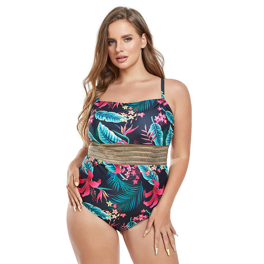 LARGE SIZE PATCHWORK ONE-PIECE SWIMSUIT