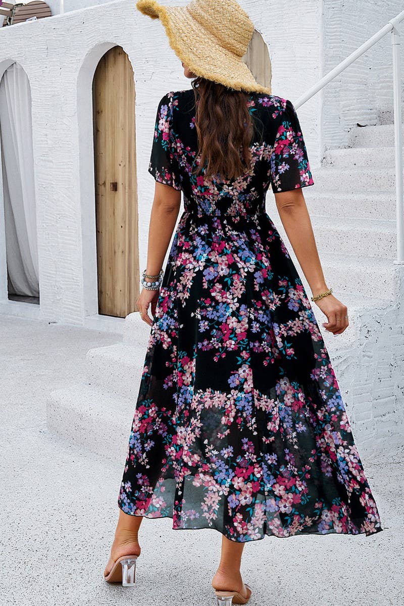CWDMD0996_Deep V-Neck Short Sleeve Floral Print  Midi Dress