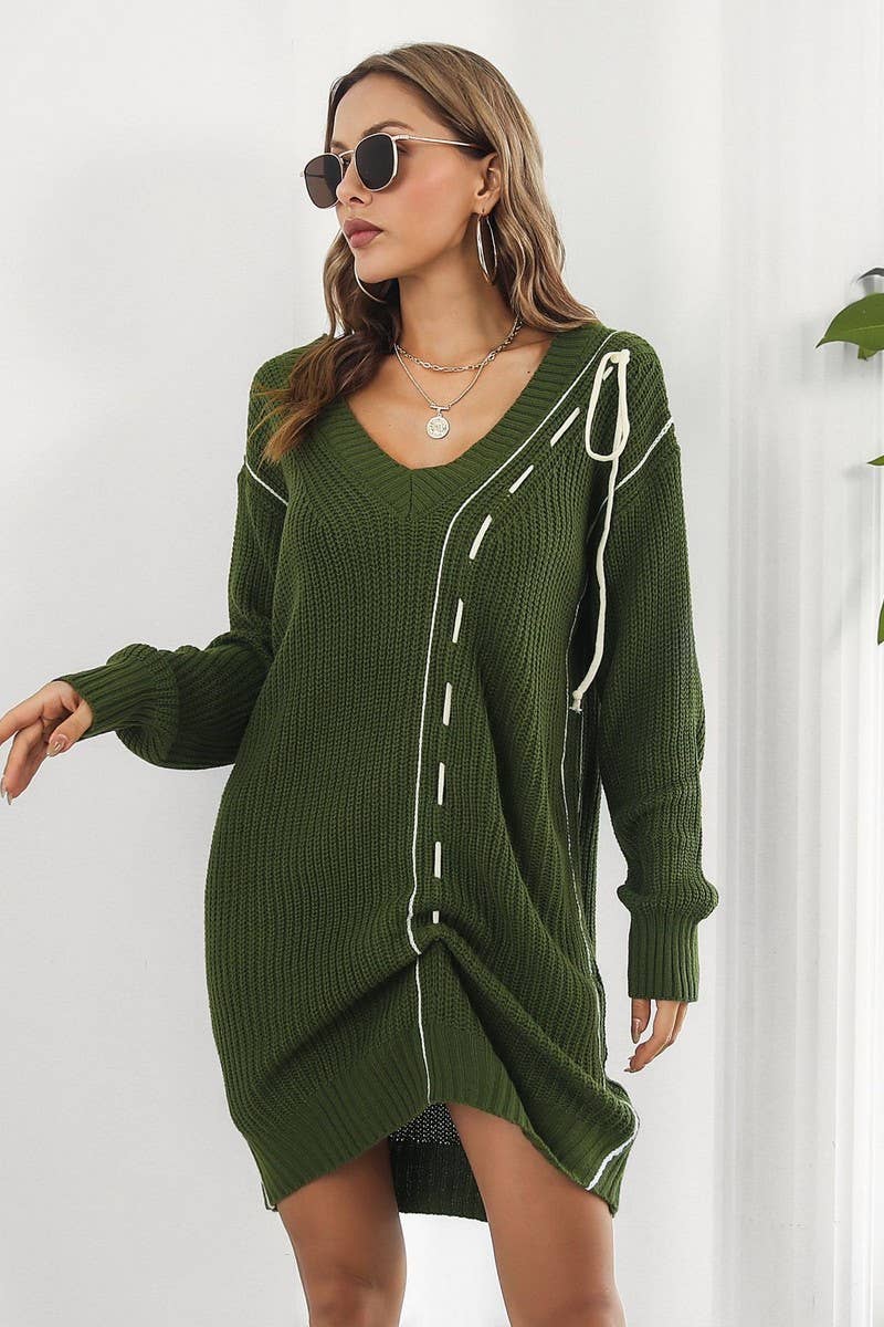 CWDSD7333_LOOSE NEW V-NECK LONG-SLEEVED SWEATER DRESS