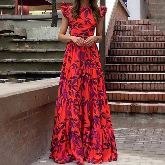 Print style flying sleeve high waist long dress