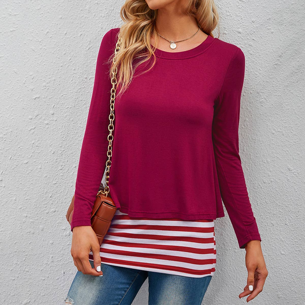 TWO FAKE CREW-NECK STRETCH STRIPED T-SHIRT