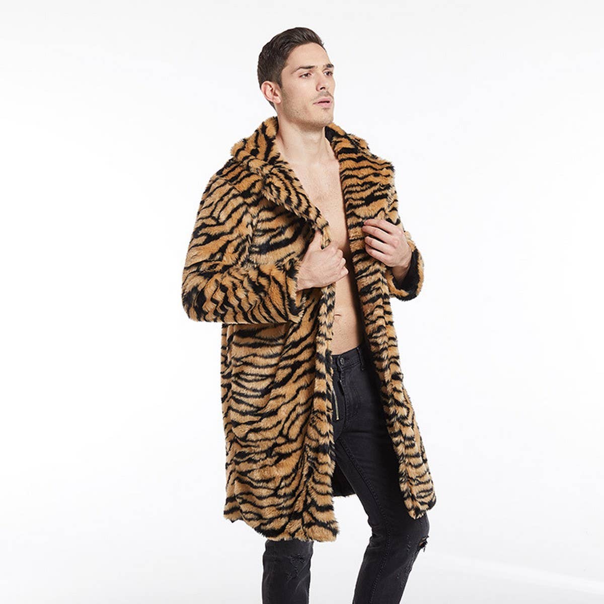 Men's Faux Fur Tiger Print Long Coat Plus Size
