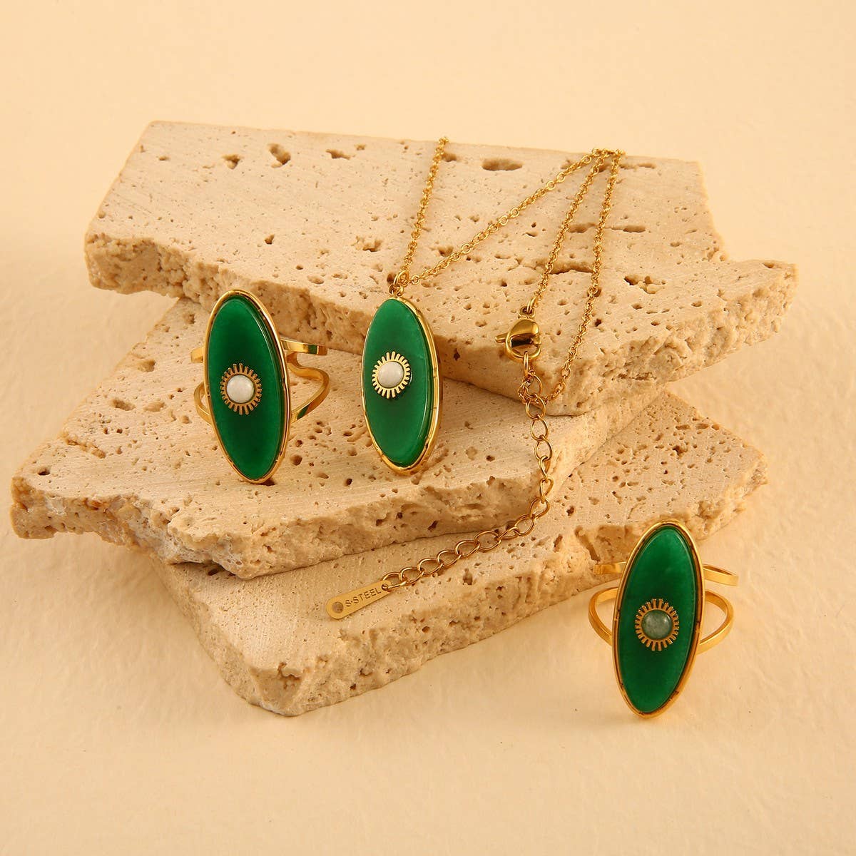 18K Steel Necklace Ring Set with African Jade_CWMM8875