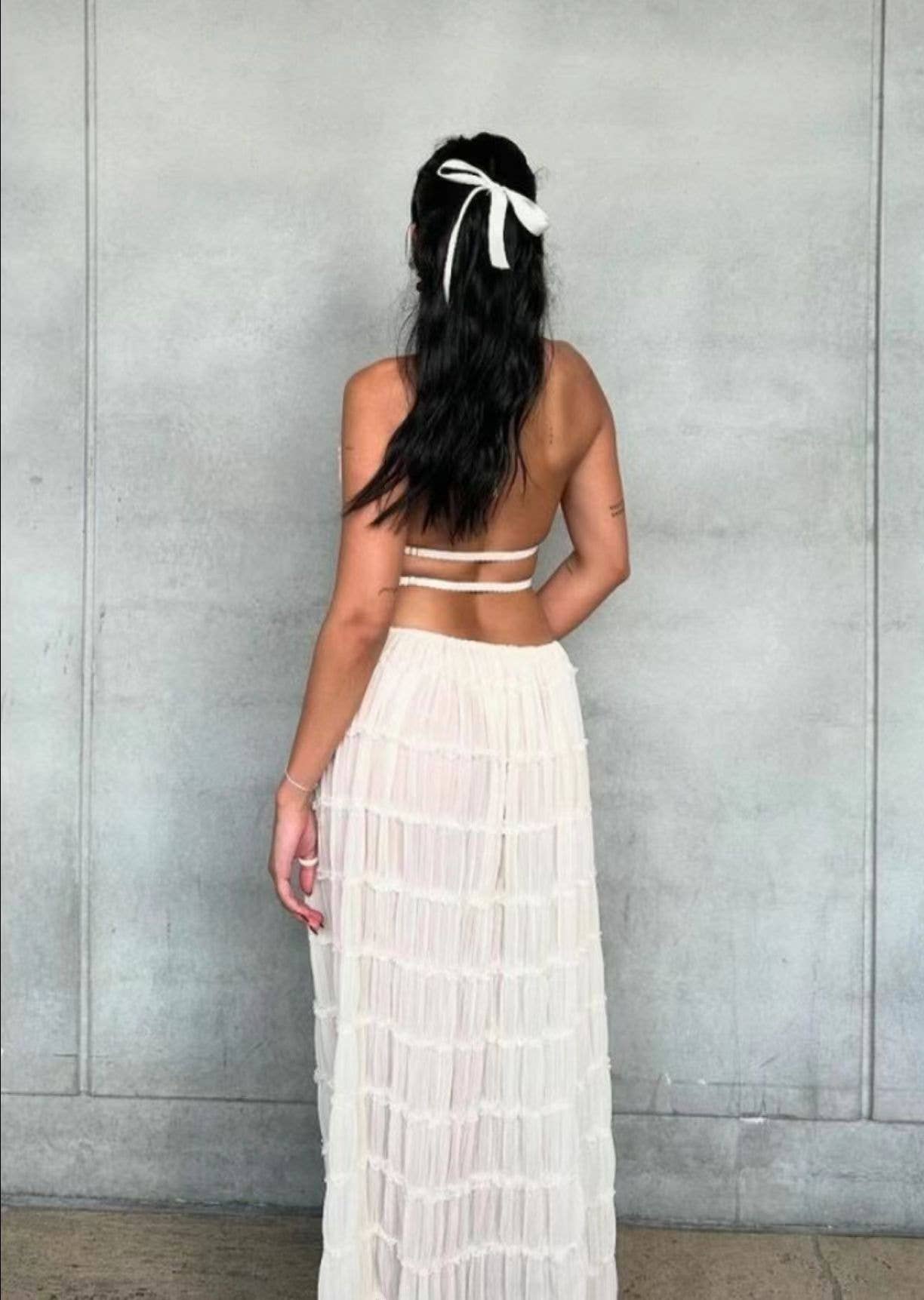 Sexy Backless Halter Lace Trim Cami Maxi Set