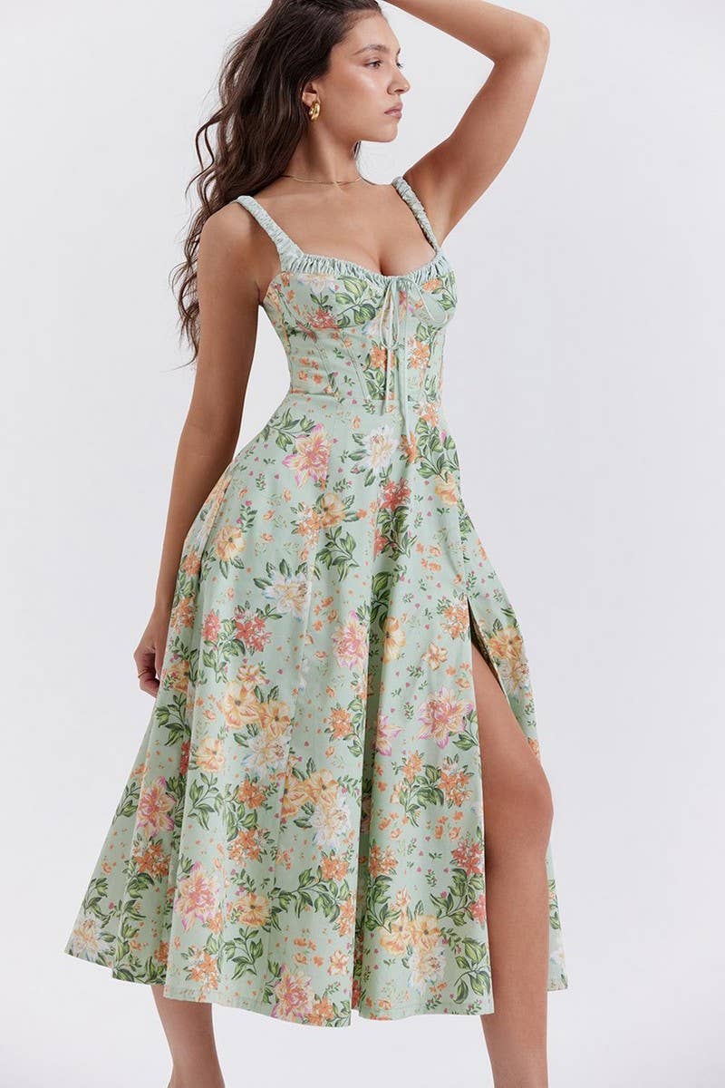 CWDMD5631_RUFFLED FLORAL SLIT SLING MIDI DRESS