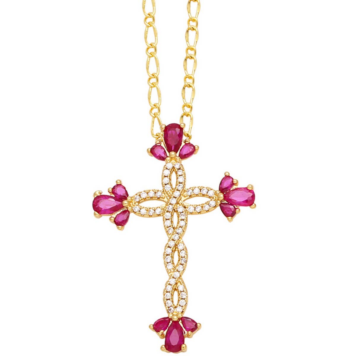 COLORED ZIRCON CROSS PENDANT NECKLACE