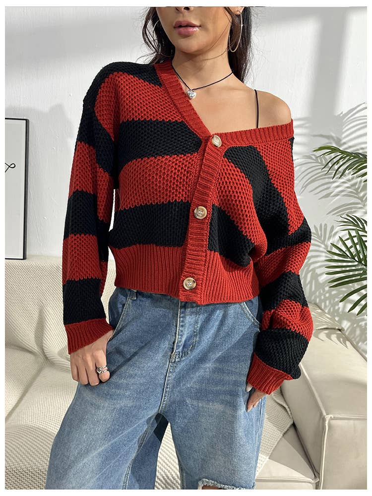 WOMEN SWEATER CONTRAST RED AND BLACK STRIPED COAT