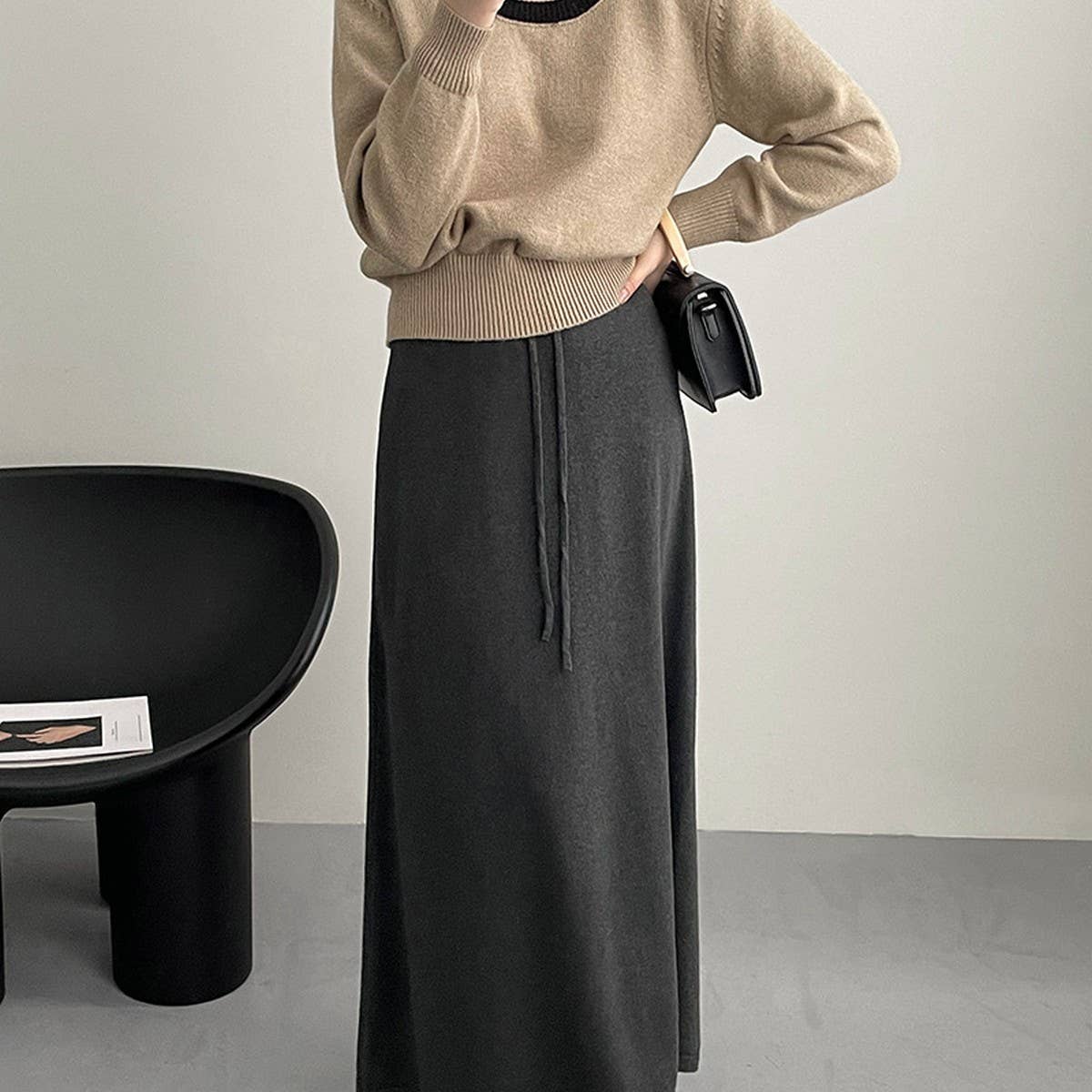 Solid color all-in-one drawstring knit A-line skirt