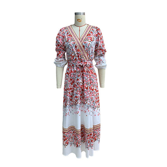 LONG-SLEEVED PRINTED BOHO WAISTED DRESS