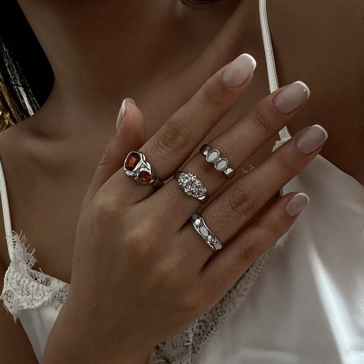 TRENDY RETRO GEOMETRIC HOLLOW DIAMOND RING SET