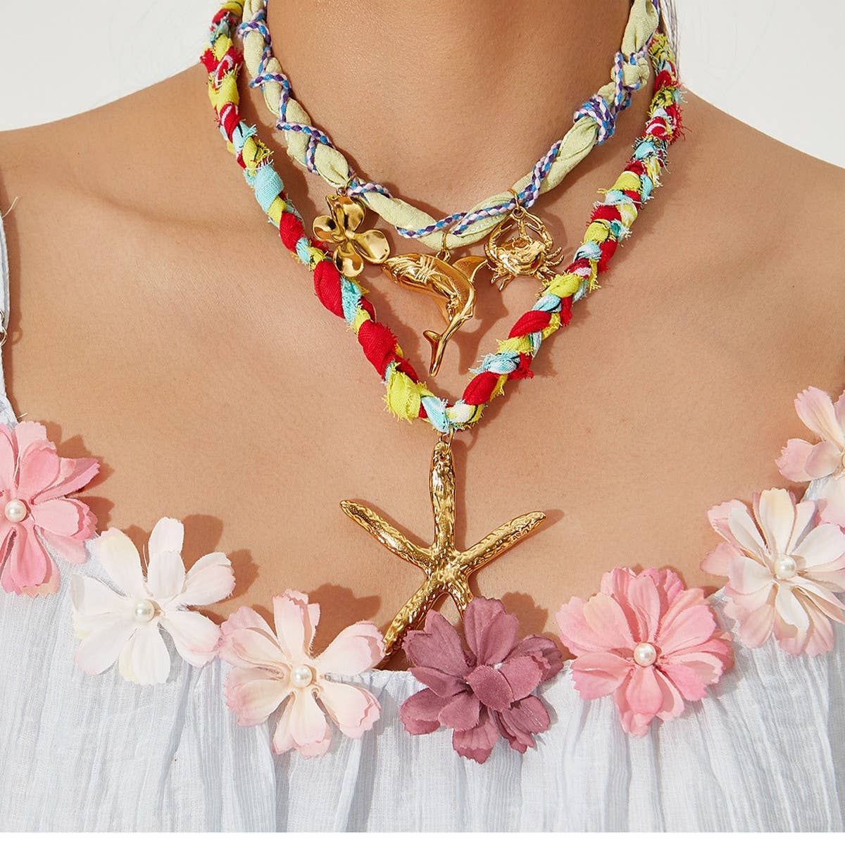 Handmade Ocean Scarf Necklace with Star & Dolphin