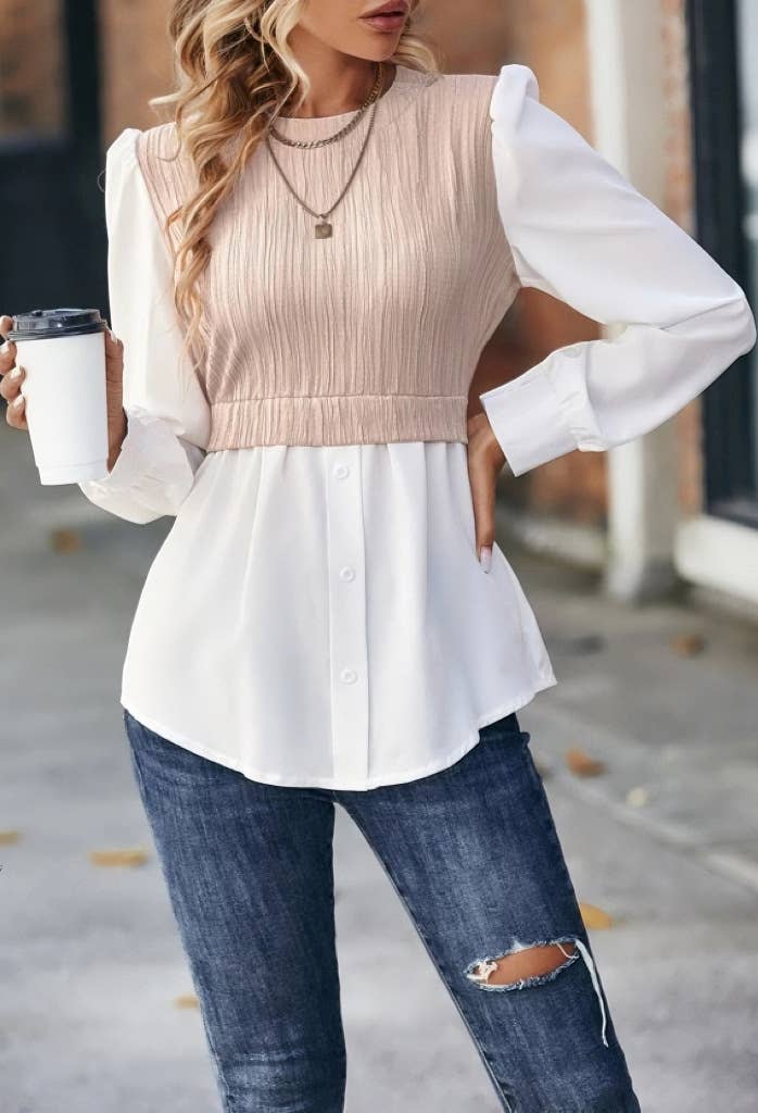 Round-neck wavy striped patchwork shirt