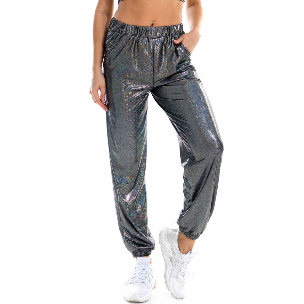 SHINY BREATHABLE ELASTIC WAIST HIP HOP SLACKS