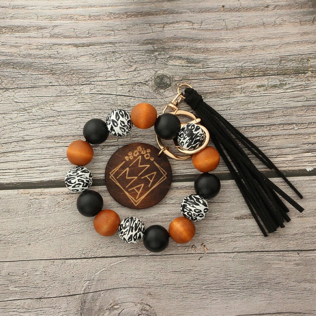 Leopard Wood Bead Bracelet with Tassel Keychain_CWAB5013