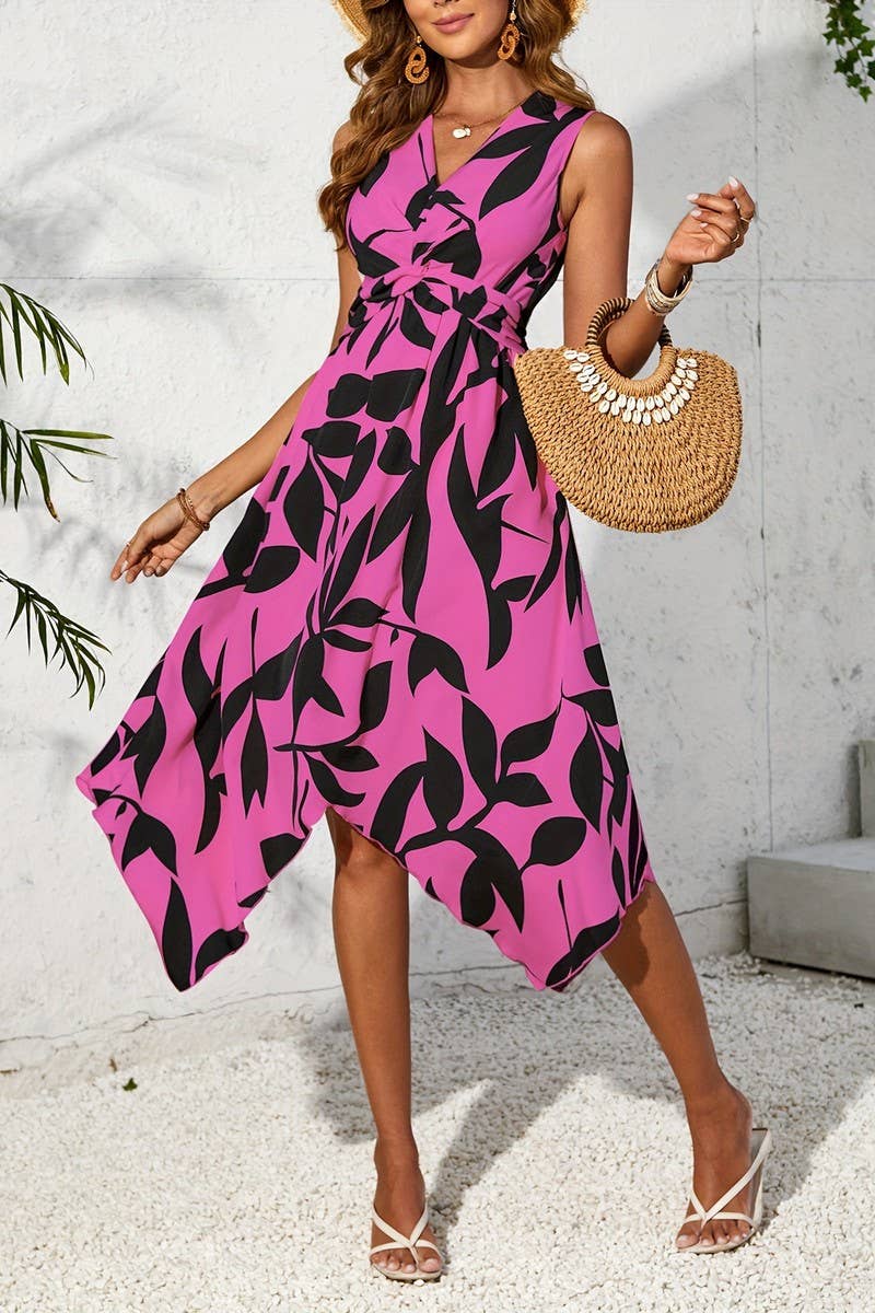 CWDSD3740_LEAF PRINT KINK IRREGULAR MIDI DRESS