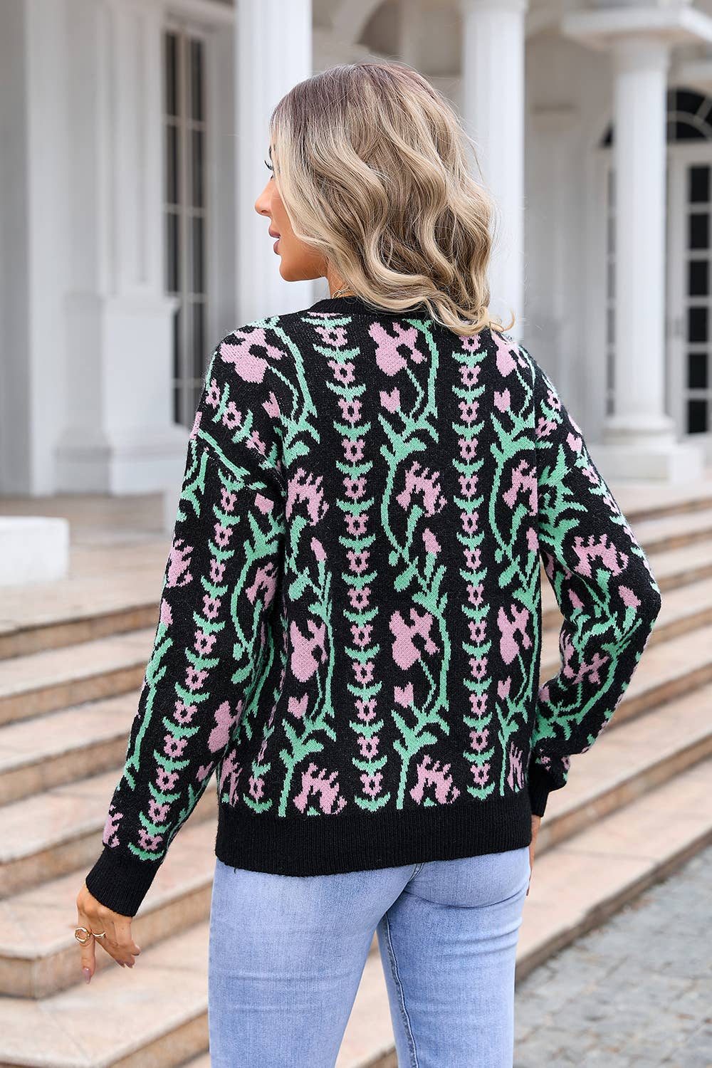 Jacquard twig round neck flower knit sweater