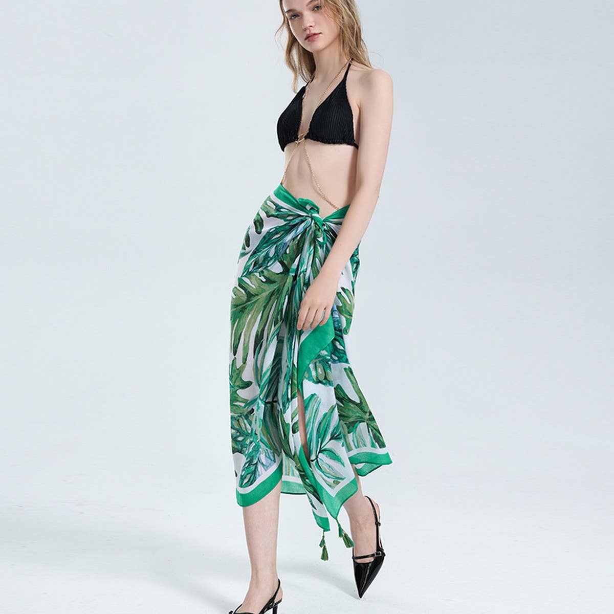 Banana Leaf Print Scarf - Green Summer Beach Wrap_CWASC0676